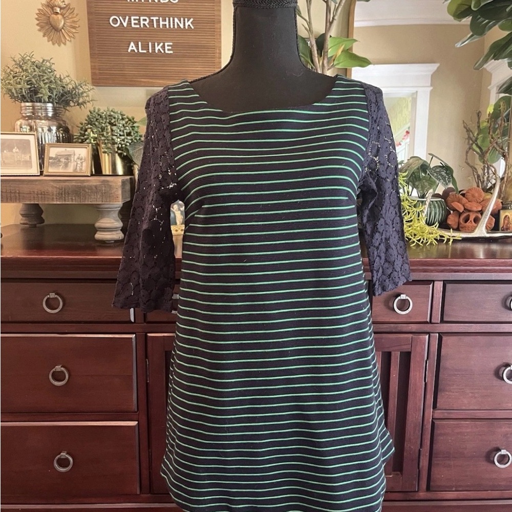 Anthropologie 9-H15 STCL Blue Green Striped Women's Tunic with Lace Sleeves
